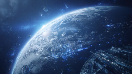 panoramic view of planet earth from space with a futuristic space station and satellite technology orbiting the globe featuring bright city lights and a sun rising over the atmospheric horizon line
