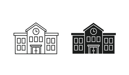 Vector illustration of school building icon in line art and solid black style for educational or architectural use