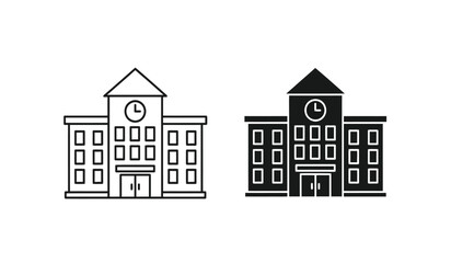 Fototapeta premium Two school buildings with clocks on the front facade in black and white line art style
