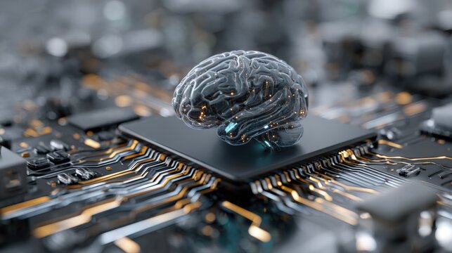 futuristic artificial intelligence concept with a digital human brain glowing on a high tech computer motherboard circuit board representing machine learning neural networks and data processing - Powered by Adobe