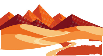 Vibrant abstract flat design landscape: sandy hills with paths, geometric orange and red mountains, transparent background, tranquil journey concept