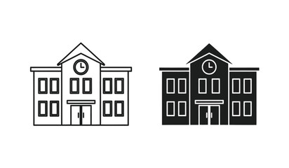 Two school buildings with clocks on the facade in black and white line art style