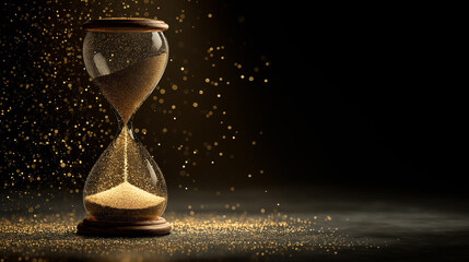 Luxury glass hourglass with flowing golden sand under dramatic light, time management and deadline concept with copy space