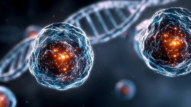 Visual depiction featuring luminous cellular core alongside DNA helix for scientific study