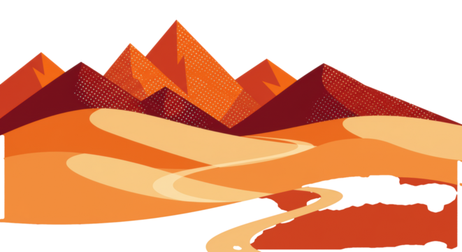 Vibrant abstract flat design landscape: sandy hills with paths, geometric orange and red mountains, transparent background, tranquil journey concept - Powered by Adobe