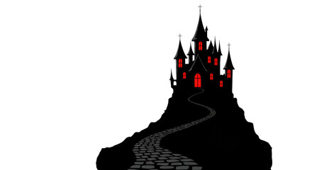 Gothic haunted castle silhouette, red glow, black bats, gnarled trees, gravestones on hilltop with path, white background, Halloween mystery concept