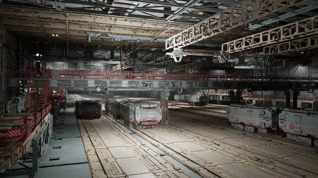 Vintage carriage restoration scene with historic trains lined in depot, careful lighting accentuates aged paint and metalwork, restoration tools and staged work