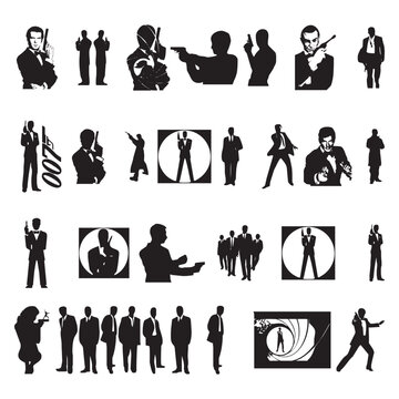 A compelling collection of iconic secret agent silhouettes, capturing various classic spy poses