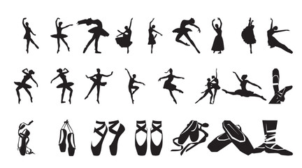 Elegant ballet dancer silhouettes showcasing various graceful poses and pointe shoes © Mehedi