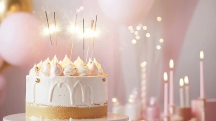 Festive celebration with sparkling cake candles and soft pink balloon background