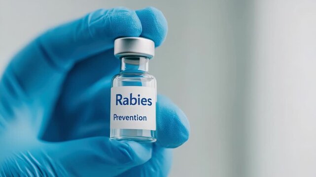 Gloved hand holding rabies vaccine vial against blurred medical background