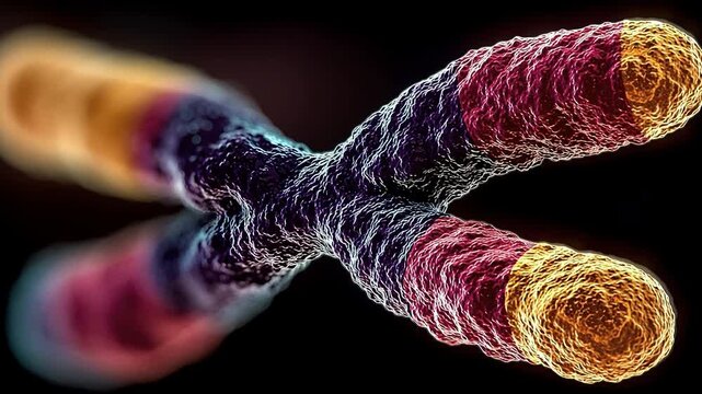 Detailed educational image depicting chromosome X with fiber arrangements and terminal regions