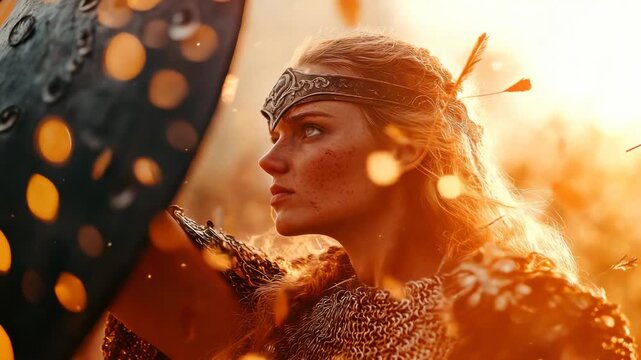 Fierce warrior maiden battling in autumn leaves with shield and determined look
