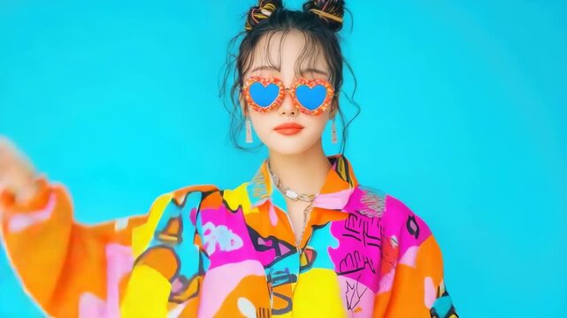 Vibrant fashion showcase: colorful style in motion with unique heart sunglasses