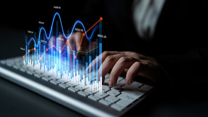 A focused digital workspace illustrates financial analysis through vibrant graphs and keyboard input, reflecting modern data strategies and investment trends. Scalp