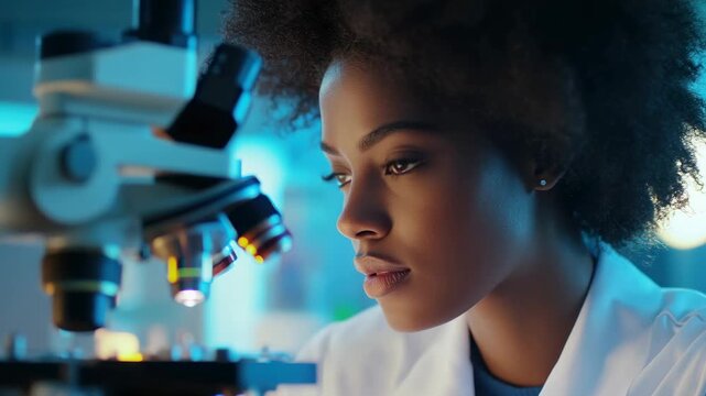Focused scientist examines specimen under microscope for research and discovery