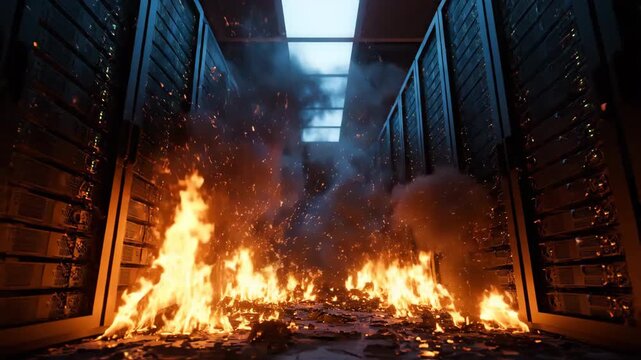 Burning data center servers with smoke and flames filling the aisles under overhead lights.