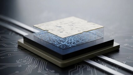 Microchip with glowing connections on circuit board. Advanced processor technology concept. Digital computing.