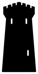 A black and white silhouette of a castle tower, black, castle, fort, icon, illustration, lighthouse, profile, tower, against transparent background © Alloca Design Studio