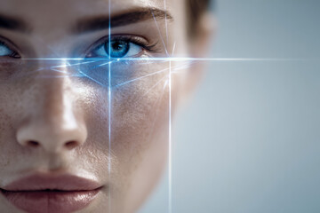 Human face recognition and biometric technology concept with digital scan lines highlighting eye and skin features on a focused young woman