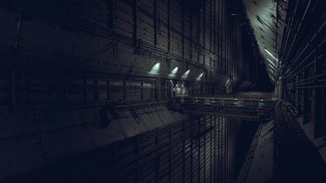 Gritty underground freight tunnel with low industrial lamps and heavy metal textures, service track and maintenance access, gritty grime and long shadows create