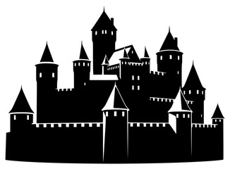 A black and white silhouette of a castle with turrets, black, castle, illustration, medieval, palace, profile, tower, against transparent background © Alloca Design Studio