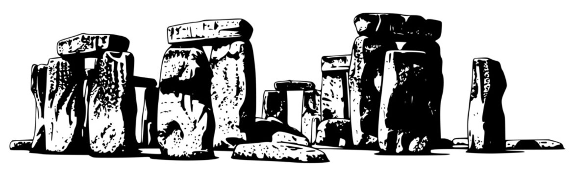 A black and white illustration of stonehenge, a prehistoric monument located in england, black, drawing, ink, obelisk, pillar, stand, stone, white, against transparent background