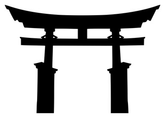 A black and white silhouette of a traditional japanese torii gate, black, doorway, entrance, illustration, pillar, pole, profile, shrine, against transparent background