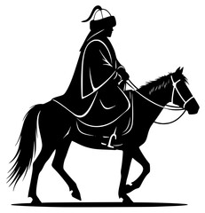 A silhouette of a man riding a horse, dressed in traditional clothing, black, horse, horseback, illustration, jockey, man, profile, ride, robe, spear, sword, warrior, against transparent background