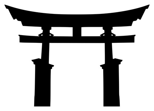 A black and white silhouette of a traditional japanese torii gate, black, doorway, entrance, illustration, pillar, pole, profile, shrine, against transparent background