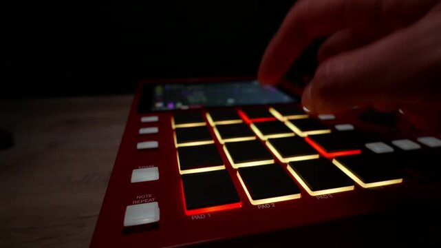 Close-up of beatmaker fingers tapping on glowing pads of red drum machine sampler. Concept of music production, electronic creativity and night studio sessions.