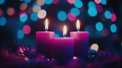 Close-up of three lit candles on a table surrounded by sparkling lights, evoking the warmth and coziness of holiday celebrations.