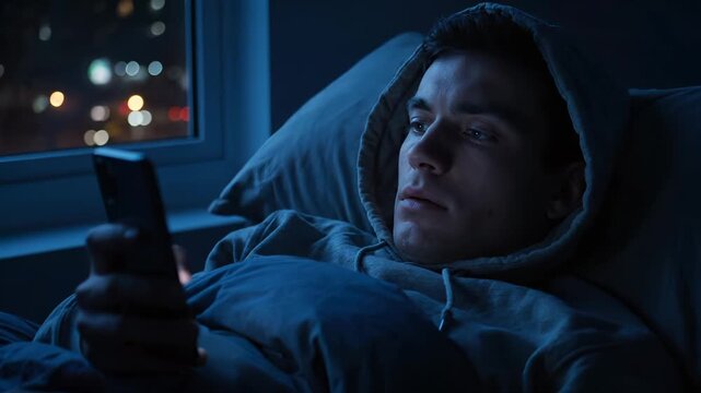 Man uses phone in bed at night scrolling mobile device. Guy checks smartphone lying in dark bedroom. Man with phone relaxes in bed. Night phone use in bedroom. Mobile scrolling before sleep.