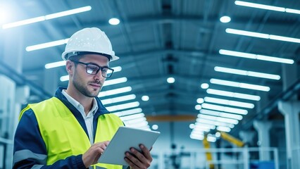 Engineer inspecting factory with tablet