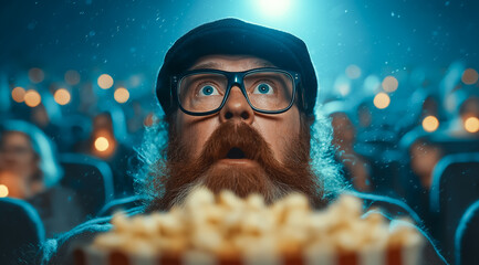 Excited moviegoer wearing glasses and a cap, eyes wide open, watching a film with a bucket of popcorn in a cinema setting.