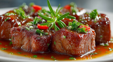 Gourmet Dish: Glazed meat morsels bathed in savory sauce, adorned with fresh herbs and a touch of chili spice, served on a white plate.