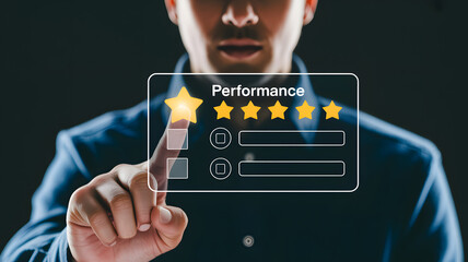 Man touching virtual screen rating performance with five stars for excellent feedback