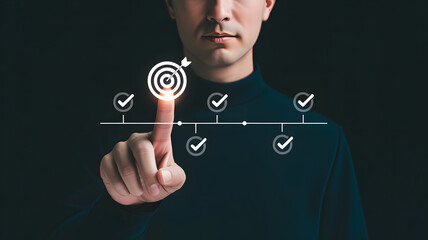 Man touching glowing target with arrow symbol on virtual timeline representing goal achievement and success