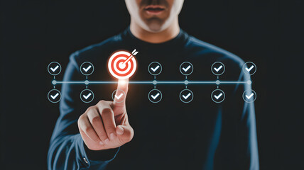 Man pointing at glowing red target icon on a horizontal timeline with multiple completed milestones