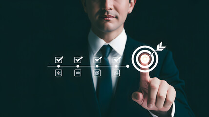 Businessman in suit pointing at glowing target symbol on professional virtual timeline achieving final goal