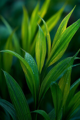 Lush green leaves glisten with raindrops, bathed in soft light, showcasing nature's serene beauty and tranquil essence.