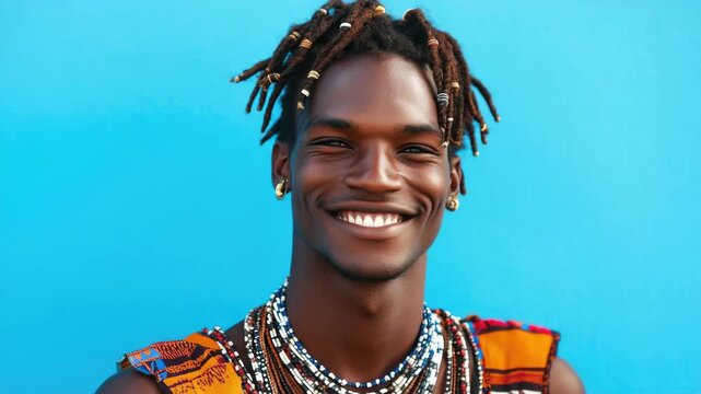 Portrait of happy African man with dreadlocks wearing necklace, smiling against blue background. Showcases cultural attire and joyful expression.