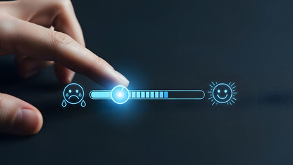 User experience satisfaction feedback concept with person sliding scale from sad to happy icon