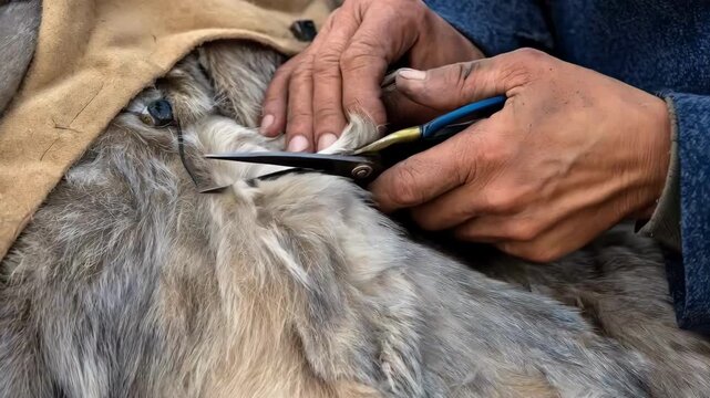 Closeup of a skilled hand using manual shears to carefully trim thick fur highlighting traditional fur shearing techniques and controlled precision for safety.