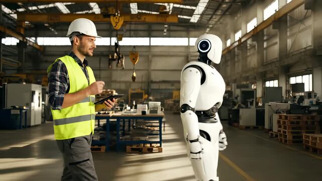 Worker uses tablet with robot in factory warehouse. Man programs humanoid robot for factory automation. Worker and robot collaborate in warehouse. Industrial robot assists factory worker.