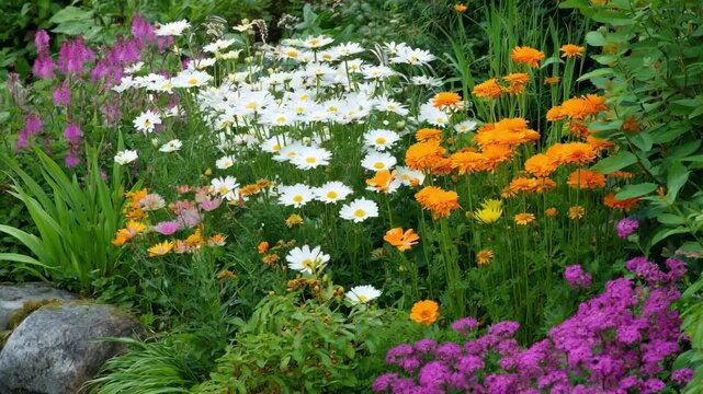 Medium shot of a native species pollinator garden showing vibrant flowers attracting diverse bees buzzing from bloom to bloom.