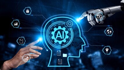 Futuristic Concept of Artificial Intelligence with Human and Robotic Interaction, Visualization of Technology and Innovation in Digital Era Gluon.