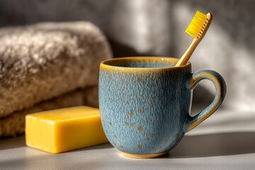 A vibrant yellow toothbrush stands in a blue ceramic mug, complemented by a bar of soap and soft towels in the background.