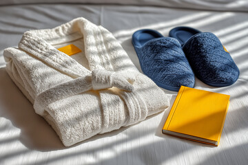 Relaxing morning: A white robe, blue slippers, and a yellow book on a sunlit bed. Ready for a cozy and peaceful day.