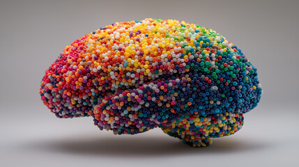 Abstract brain shape made of colorful recycled plastic granules, creativity, sustainability and innovation concept